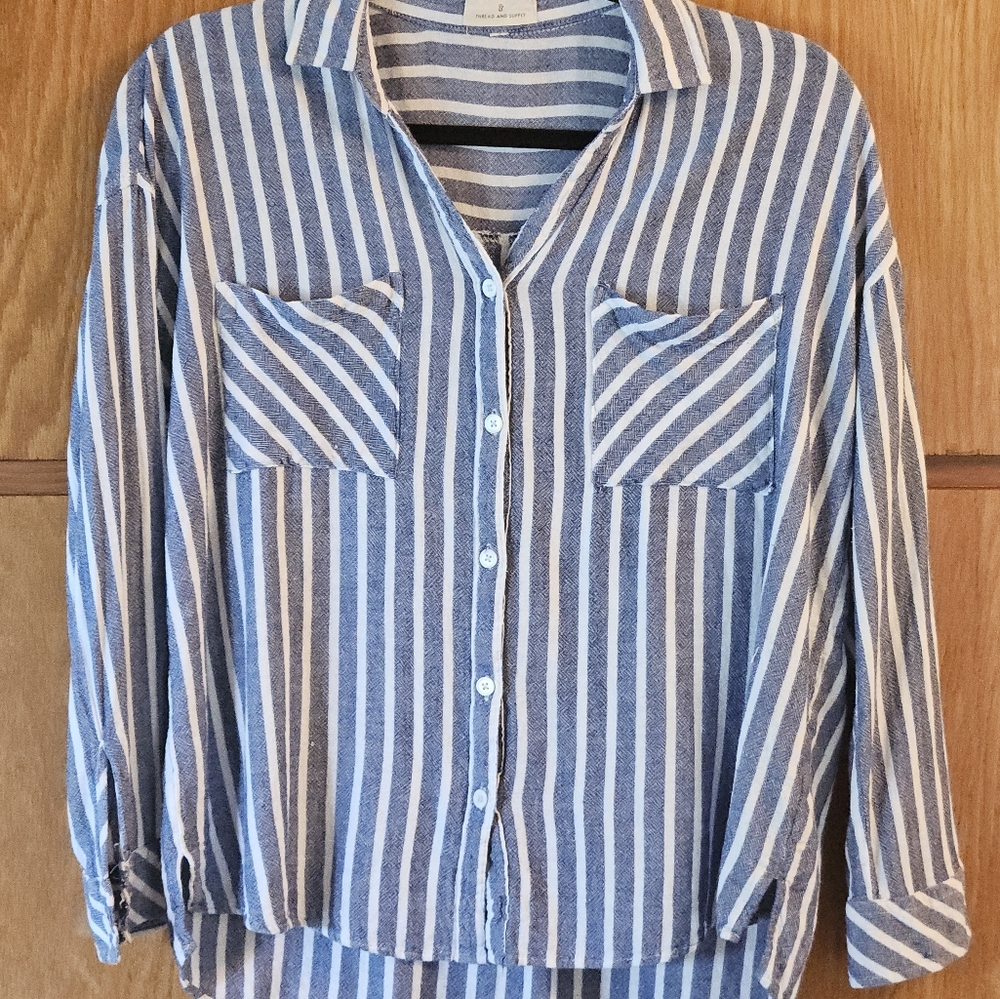 Thread And Supply Linen + Cotton Button Up Shirt Blue Stripe Hi-lo Women's Small